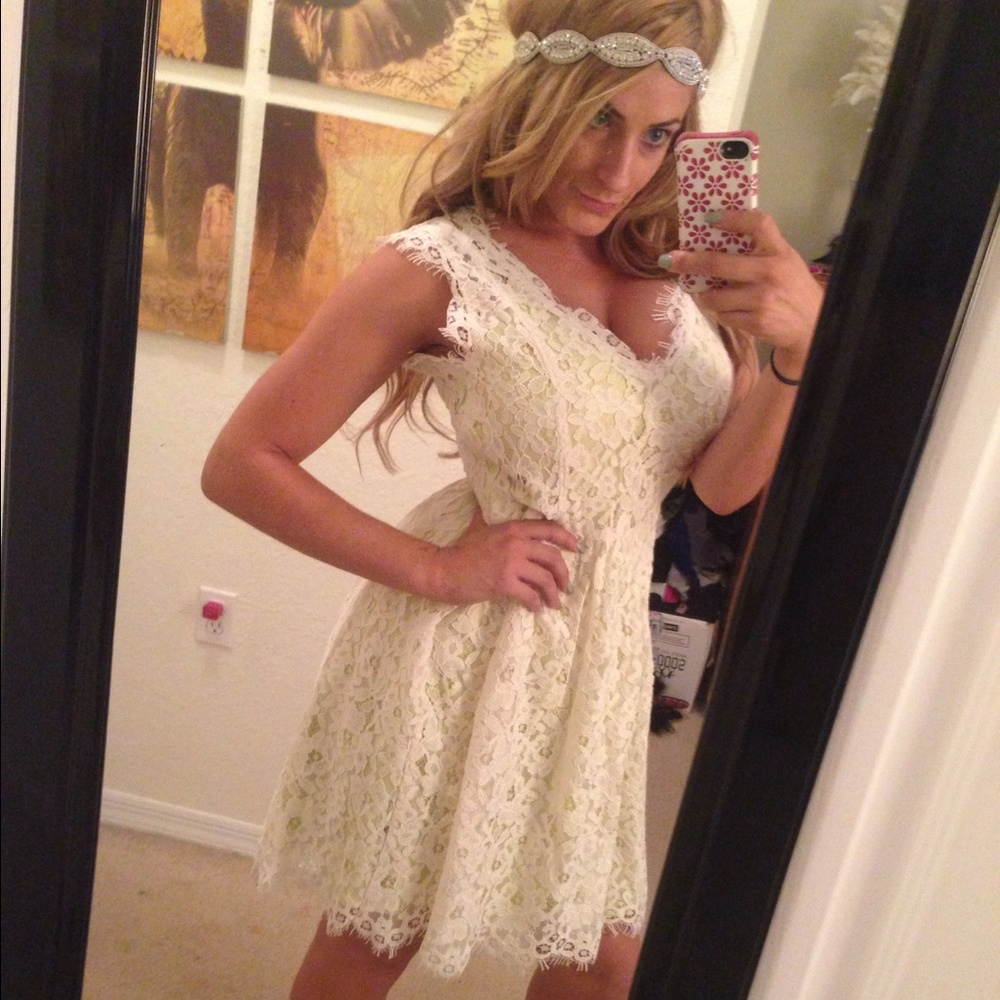 Beautiful cream lace dress with lime green